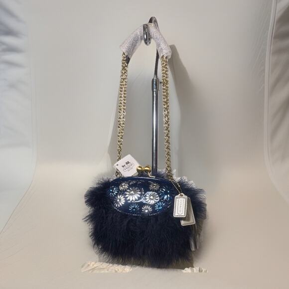 NWT RARE Coach Poppy Patent Floral Fur Bag 21324 BA/BL Navy Blue with Dust Bag - Picture 3 of 14